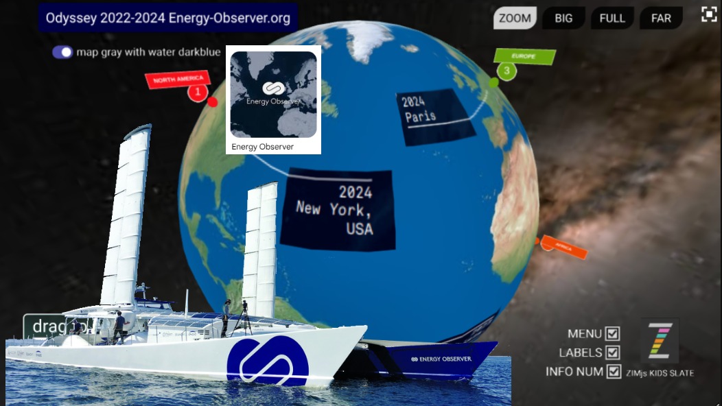 Zapp: Energy Observer 2022-24: odyssee stops on globe(+annotations) ENG | ZIM JavaScript Canvas Framework - Code Creativity
