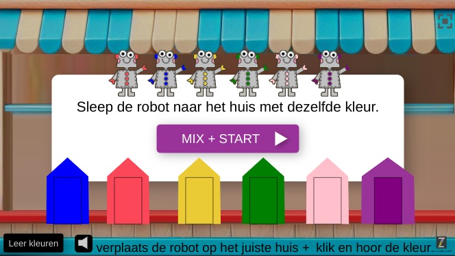 Zapp: DROP+MATCH:MIX 6 robots op huizen met zelfde kleur slepen | ZIM JavaScript Canvas Framework - Code Creativity