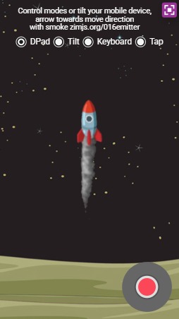Zapp: TILT+dpad P: 4 options: DPAD|Tilt|Keyb|Tap Emoji rocket+white arrow | ZIM JavaScript Canvas Framework - Code Creativity
