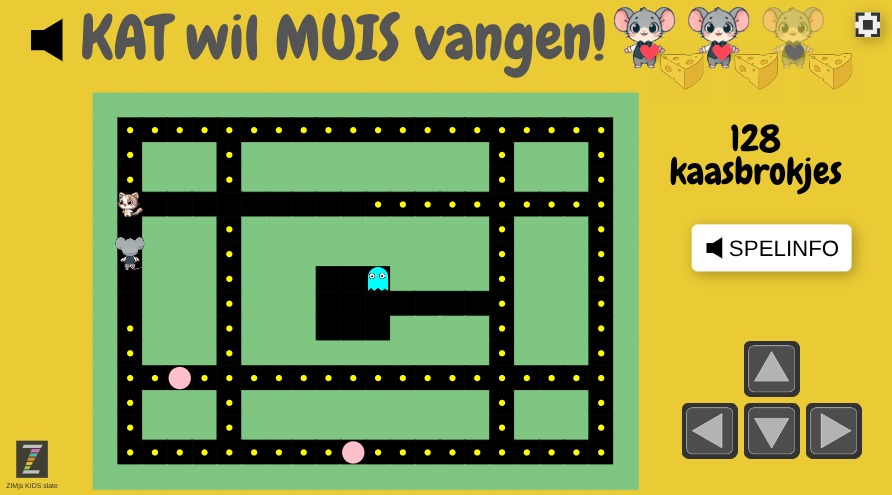 Zapp: pacman met KAT-MUIS+KAAS: kat wil muis vangen, 5 levels | ZIM JavaScript Canvas Framework - Code Creativity