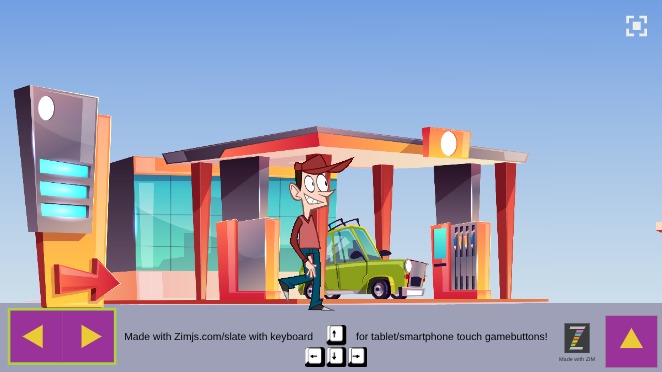Zapp: man/walk new Sprite(.png) pijltjes <> backing moves left<>right (scroller) | ZIM JavaScript Canvas Framework - Code Creativity