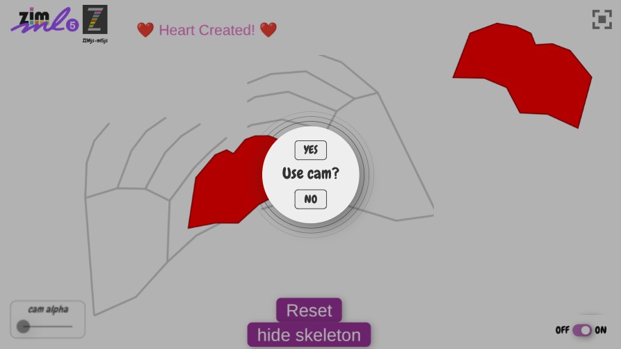 Zapp: make a heart with both hands, and it will stay ontop of the screen | ZIM JavaScript Canvas Framework - Code Creativity