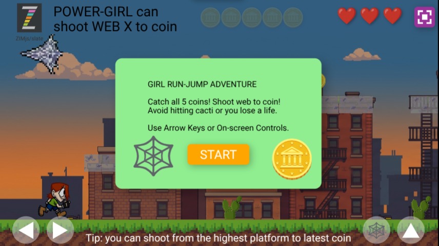 Zapp: Minecraft girl walk+jumpshoot coins GAME (back.version2) nojson | ZIM JavaScript Canvas Framework - Code Creativity