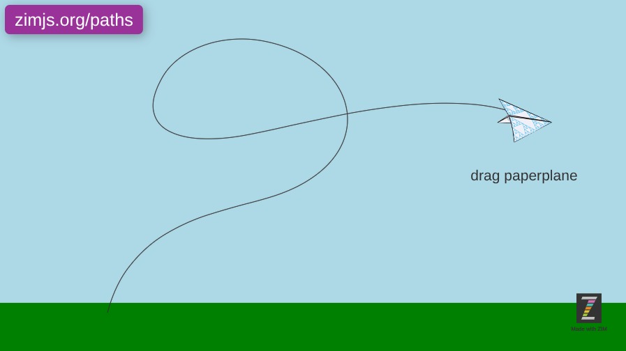 Zapp: Airplane/paperplane : basic (no smoke): at finish you drag along path | ZIM JavaScript Canvas Framework - Code Creativity