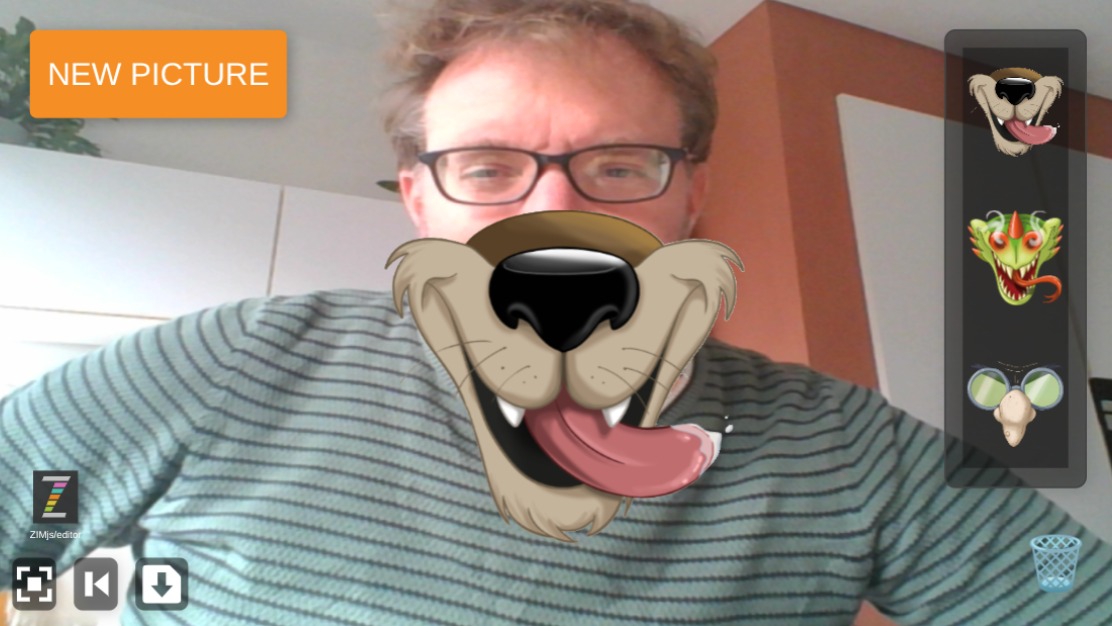 Zapp: Photobooth: take webcamPicture: Pic().gesture()wolf/dragon/bird (v2) EN | ZIM JavaScript Canvas Framework - Code Creativity