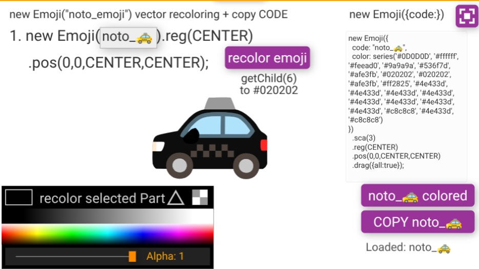 Zapp: Emoji(noto_emoji) click+recolor part + COPY noto_emoji code | ZIM JavaScript Canvas Framework - Code Creativity