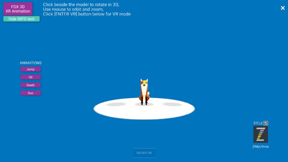Zapp: Robot FOX brown VR/XR +HUD:run/sit/jump.. expressions=eyebrow (bg=blue) - Copy | ZIM JavaScript Canvas Framework - Code Creativity