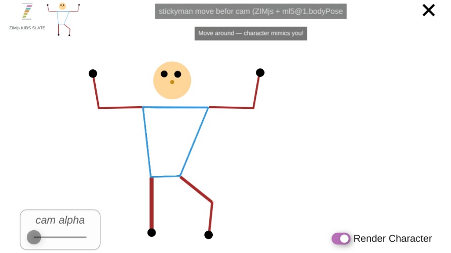 Zapp: ZIMjs stickman: color the bodytracking + colored lines body (ENG) + no mouth | ZIM JavaScript Canvas Framework - Code Creativity