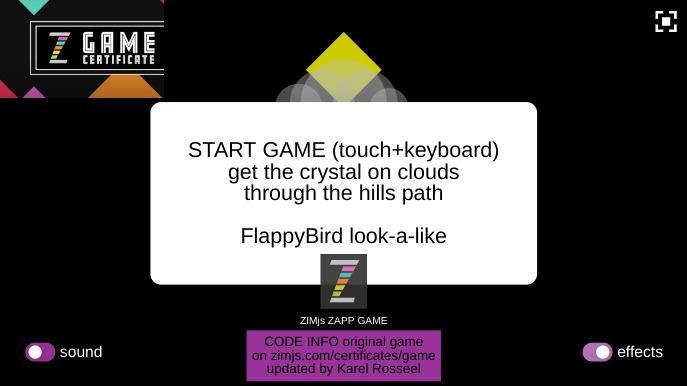 Zapp: crystalcloud + soundToggle BELOWhils by KAREL (FlappyBird) EN | ZIM JavaScript Canvas Framework - Code Creativity