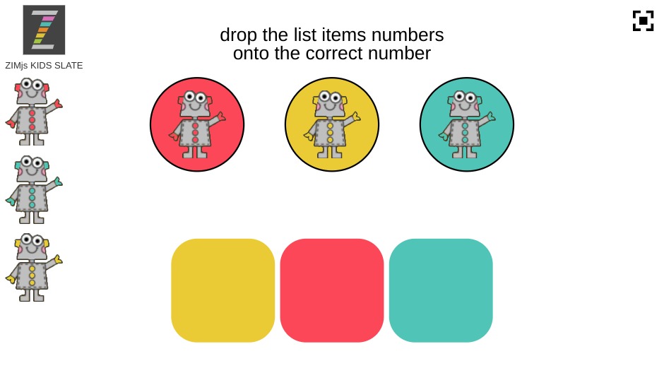 Zapp: DROP 3 robots row1-on-row2 match circles colors on rectangle colors  | ZIM JavaScript Canvas Framework - Code Creativity