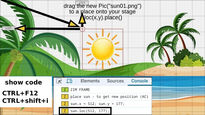Zapp: locate with new Grid() a new Pic().reg().loc(x,y).place().outline() in your app | ZIM JavaScript Canvas Framework - Code Creativity