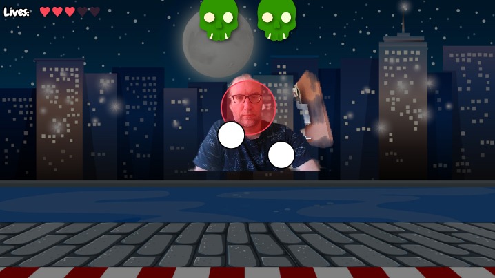 Zapp: Zombivison, kickbox zombie+ damage+expl.+ indcator + camSmall | ZIM JavaScript Canvas Framework - Code Creativity