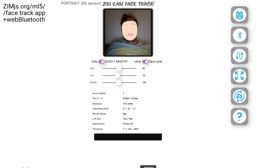 Zapp: cardboard robot face-track ml5js+Bluet.micro:bit brows+lips+facePink+rot  | ZIM JavaScript Canvas Framework - Code Creativity