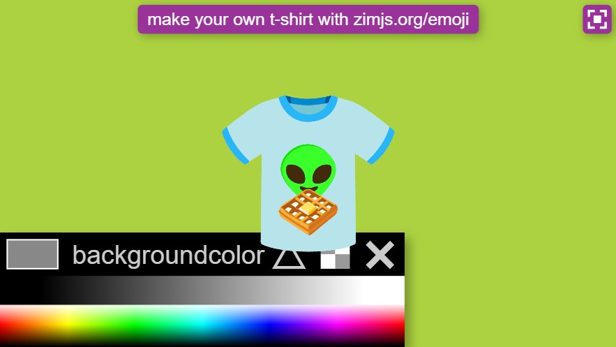 Zapp: Design your own-tshirt : recolor first icon (+ choose extra emoji not recolor) | ZIM JavaScript Canvas Framework - Code Creativity