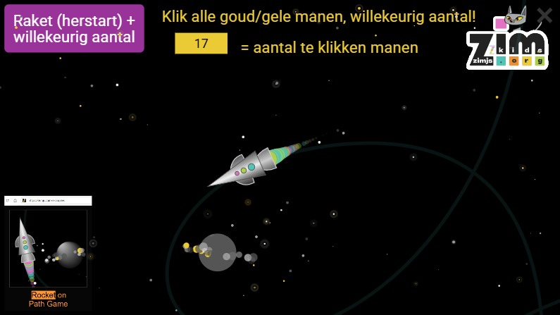 Zapp: gouden manen/cirkels vangen met raket (org. on codepen) +init() restart | ZIM JavaScript Canvas Framework - Code Creativity