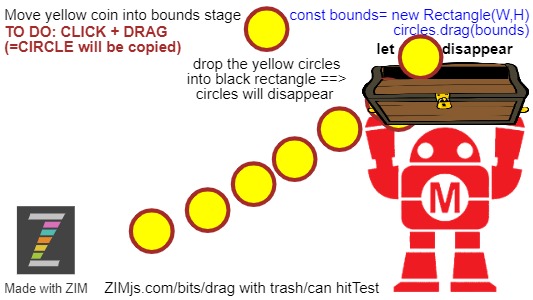 Zapp: Drag multiple coins onto a Treasure-box/chest) to remove them (bounds) | ZIM JavaScript Canvas Framework - Code Creativity