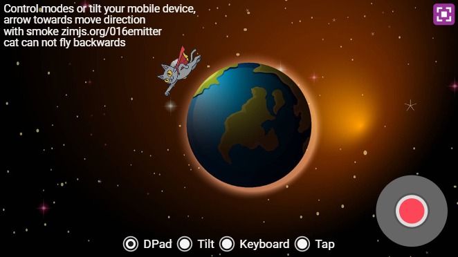 Zapp: superCat is fly in outerspace +DPad|tilt|keyboard|tap (noFlyBack) (noStick) | ZIM JavaScript Canvas Framework - Code Creativity