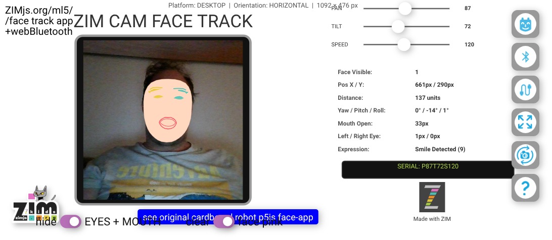 Zapp: cardboard robot face-track ml5js+Bluet.micro:bit brows+lips+facePink+rot | ZIM JavaScript Canvas Framework - Code Creativity