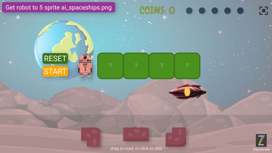 Zapp: Robot in Space: build array road to spaceship (5coinsTile) : drag+click blocks! | ZIM JavaScript Canvas Framework - Code Creativity