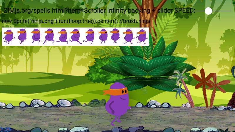 Zapp: Scroller + Sprite(ninja.png)+slider SPEED (Flinestones longbacking) imgur id | ZIM JavaScript Canvas Framework - Code Creativity