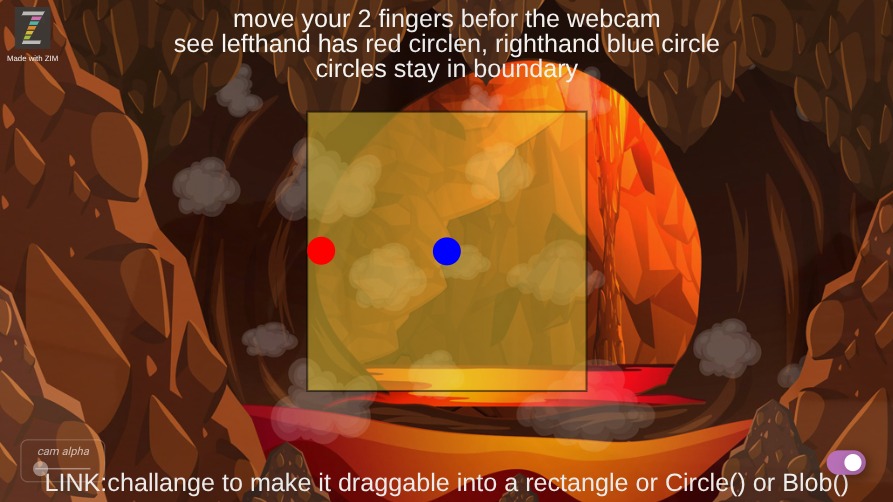 Zapp: alian (black 2 eyeCircles) into a rectangle (sulfur box): moves to your fingers | ZIM JavaScript Canvas Framework - Code Creativity