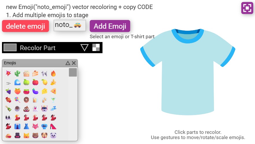 Zapp: Design your own-tshirt : recolor-shirt + add emoji ( recolor emoji not works) | ZIM JavaScript Canvas Framework - Code Creativity