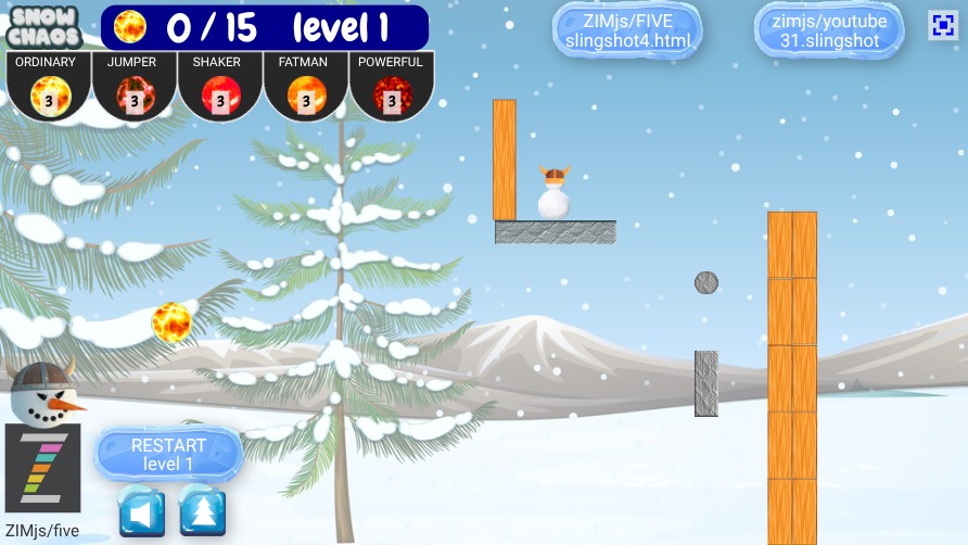 Zapp: snow chaos 5 balls 2 levels (choose ball+ see amount of balls left to use) | ZIM JavaScript Canvas Framework - Code Creativity