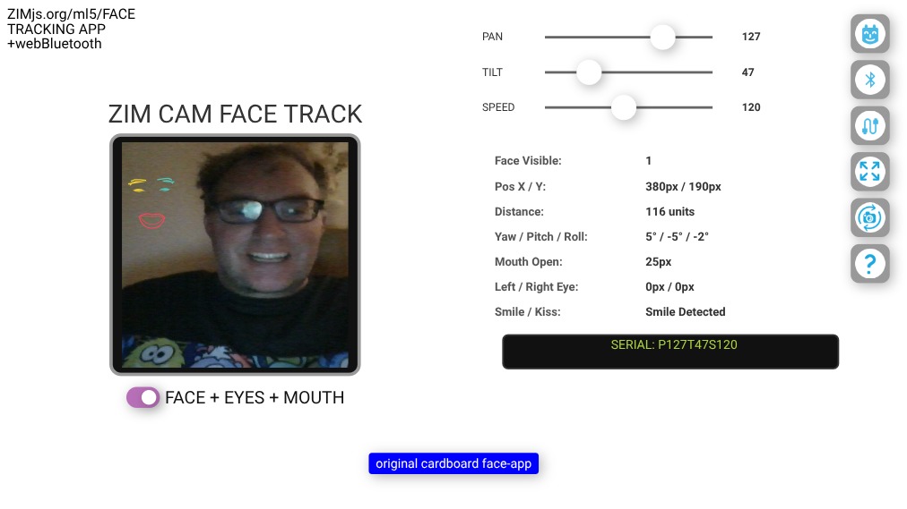 Zapp: cardboard robot face-tracking ml5js +Bluet. micro:bit no faceClear NOKresize | ZIM JavaScript Canvas Framework - Code Creativity
