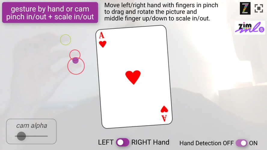 Zapp: GESTUREcard: CAMml5/pinch=drag/turn+scale by middlefinger up/down ENG | ZIM JavaScript Canvas Framework - Code Creativity