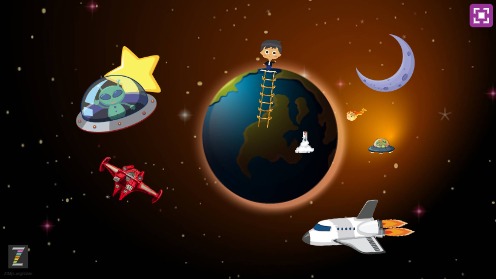 Zapp: ZIMbuilder6 SLATE: RESULT  outerspace  + rocket + stairs + aliens | ZIM JavaScript Canvas Framework - Code Creativity