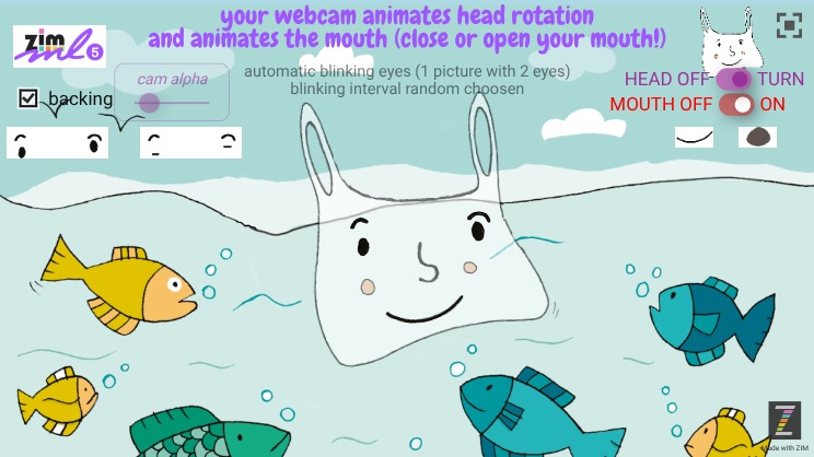 Zapp: ml5 + webcam face tracking: Zack : talks mouth and turns head  | ZIM JavaScript Canvas Framework - Code Creativity