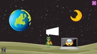 Zapp: ZIMbuilder6 SLATE: RESULT outerspace + alien speechbubble tap=alien.mp3 | ZIM JavaScript Canvas Framework - Code Creativity