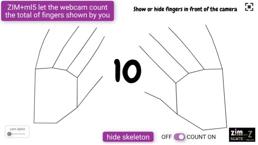 Zapp: ZIM + ML5js can count number of fingers (showing to the webcamera) | ZIM JavaScript Canvas Framework - Code Creativity