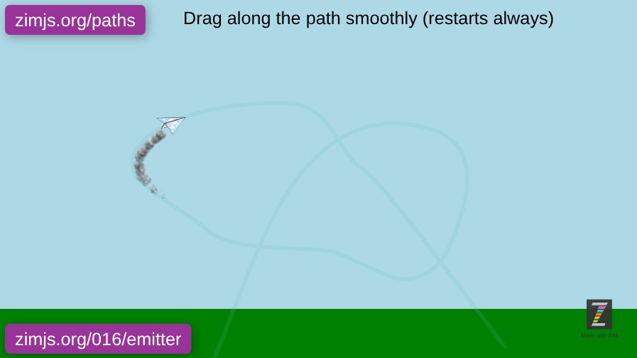 Zapp: Airplane/paperplane : smoke emitter + restarting each time (follows =sink)  | ZIM JavaScript Canvas Framework - Code Creativity