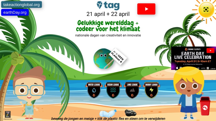 Zapp: Codeer-voor-Klimaat PROMO: strand met fles+steen, versleep jongen+meisje | ZIM JavaScript Canvas Framework - Code Creativity