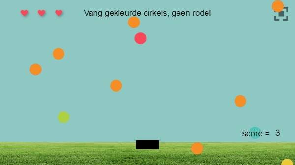 Zapp: Vallende cirkels (in kleur) vangen (hartjes-indicator + gras picture onderaan) | ZIM JavaScript Canvas Framework - Code Creativity