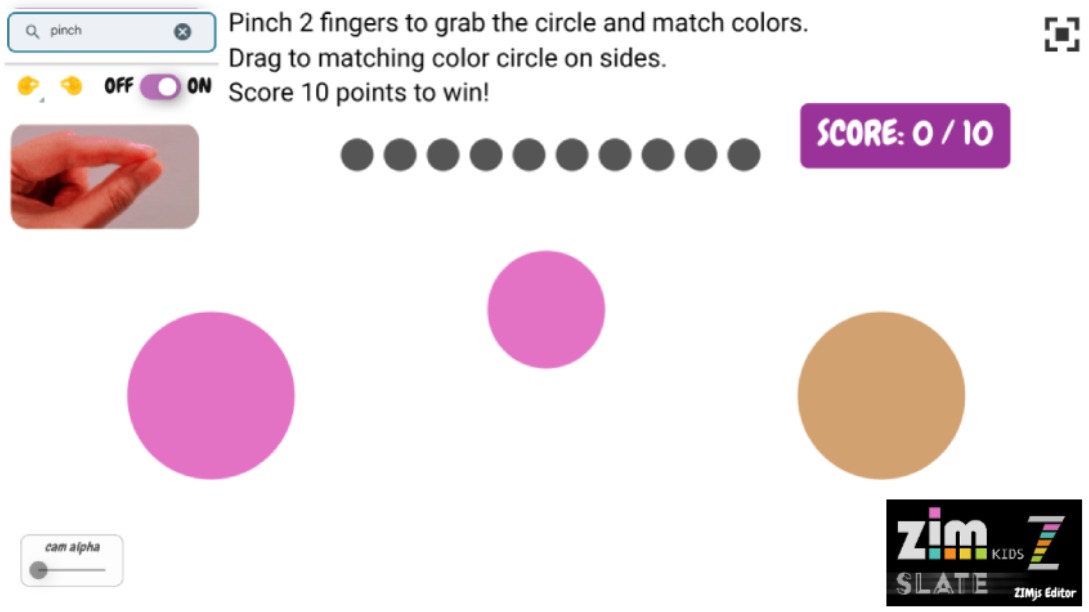 Zapp: ML5js PINCH+MATCH 10 CIRCLES CORRECT: drag circle ontop of answer | ZIM JavaScript Canvas Framework - Code Creativity