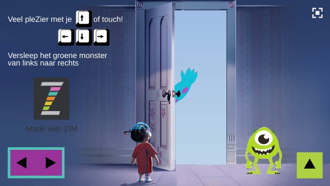 Zapp: monster walk in door+waves AND one eye green monster do a jump | ZIM JavaScript Canvas Framework - Code Creativity
