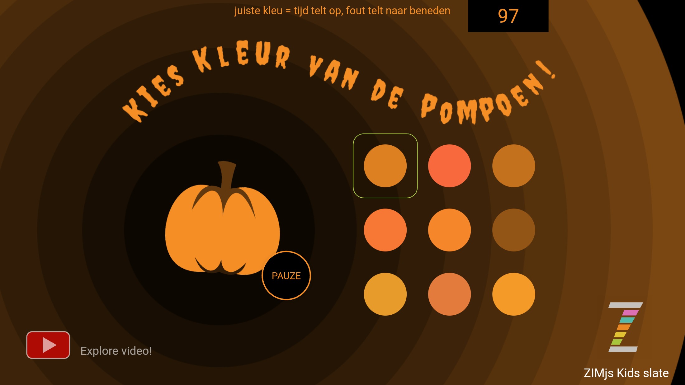 Zapp: Pompoen -: zoek de juiste kleur - Copy NL | ZIM JavaScript Canvas Framework - Code Creativity