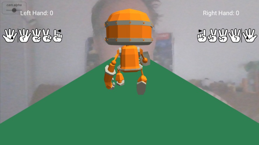 Zapp: robotYellow basic: MOVE=show 1<fingers>4 + 5 fingers=JUMP (ml5cam) | ZIM JavaScript Canvas Framework - Code Creativity