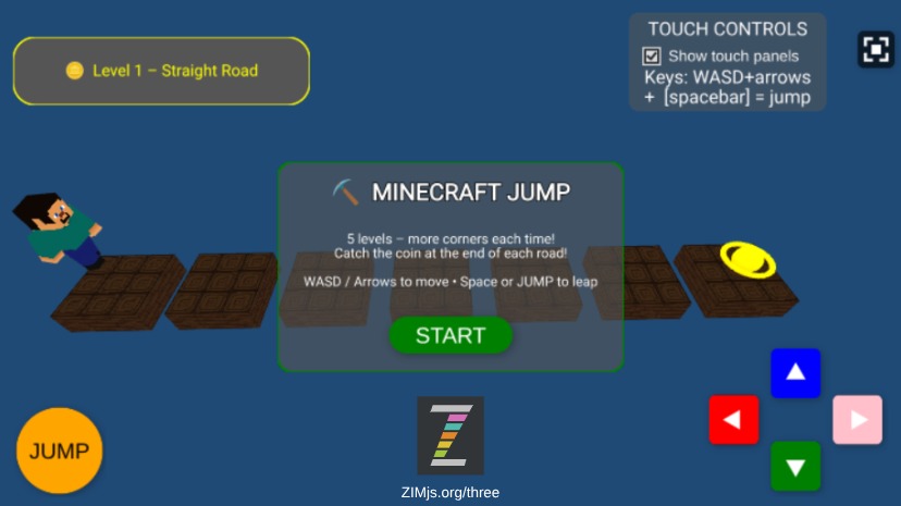 Zapp: Minecraft Ocean: walk towards coin :5 levels straight (only 1 sphereCoin) | ZIM JavaScript Canvas Framework - Code Creativity