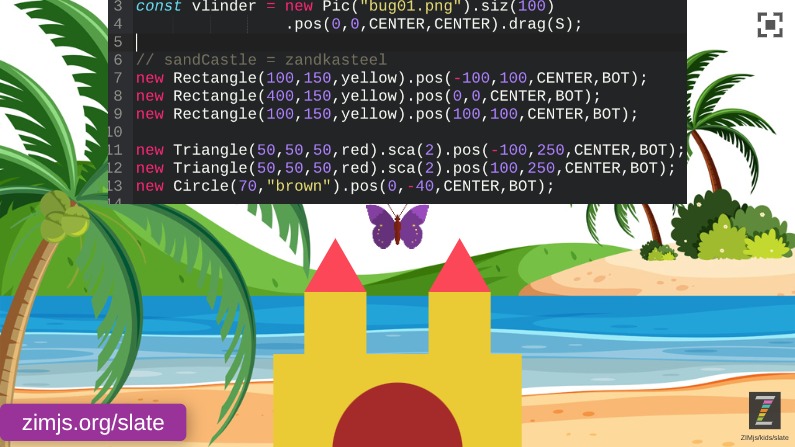 Zapp: new Pic(butterfly.png).drag(S) on new Pic(beach01.jpg) + prtscrn sandCastle | ZIM JavaScript Canvas Framework - Code Creativity