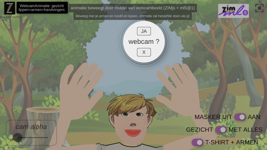 Zapp: ZIM+ml5 m. Sander: beneden stage + lichaam met arm+handvingers (NL) | ZIM JavaScript Canvas Framework - Code Creativity