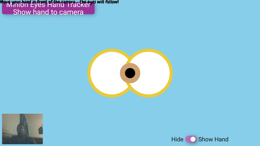 Zapp: see the mionon eyes iris following your hand position (red circle on finger) | ZIM JavaScript Canvas Framework - Code Creativity