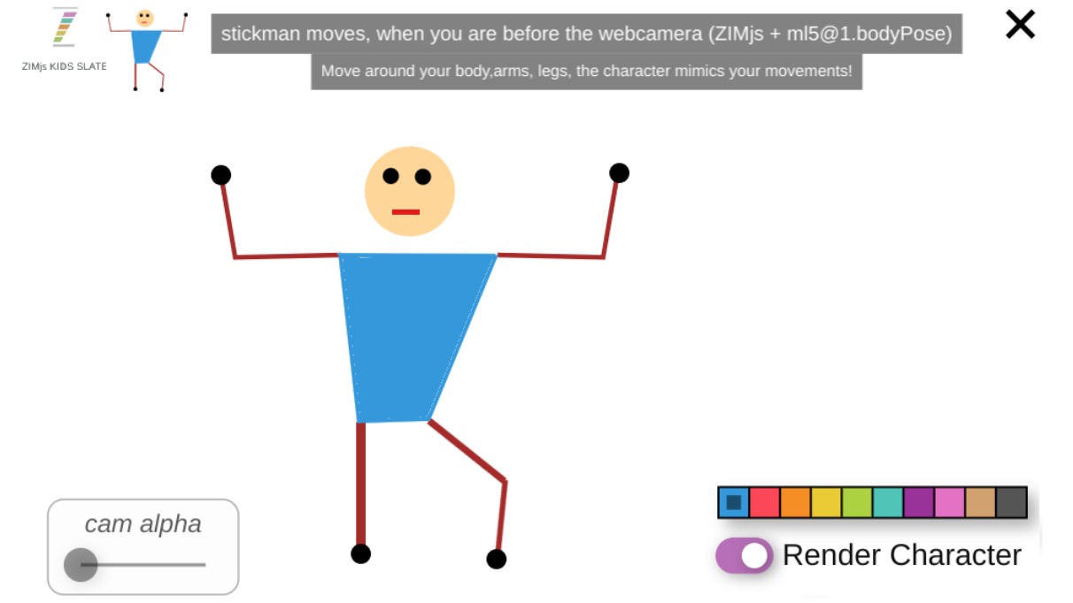 Zapp: ZIMjs stickman: color the bodytracking + colored fill body (ENG) + mouth | ZIM JavaScript Canvas Framework - Code Creativity