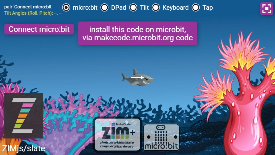 Zapp: TILT +dpad L: new Pic(shark) microbit|dpad|tilt|keyb|tap (+ white arrow) | ZIM JavaScript Canvas Framework - Code Creativity