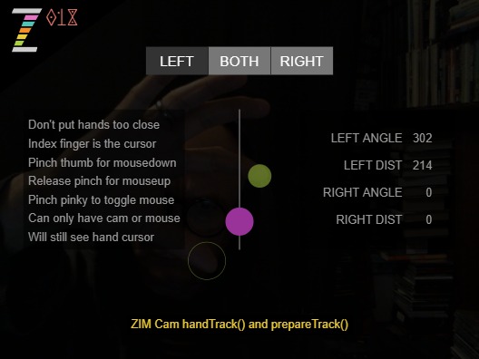 Zapp: <span style=color:#995599>018</span><br>ZIM 018 - Hand Track | ZIM JavaScript Canvas Framework - Code Creativity