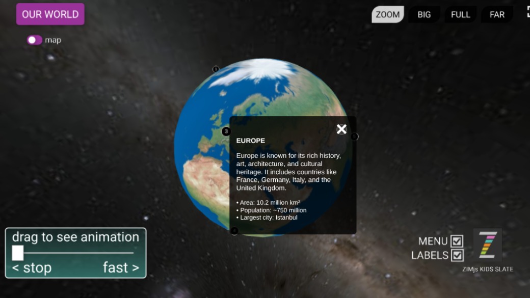 Zapp: 3D world + numbers to click and see annotation ENG animate (slow<>fast) | ZIM JavaScript Canvas Framework - Code Creativity