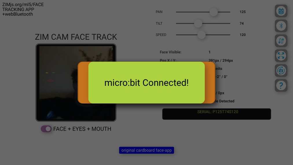 Zapp: cardboard robot face-tracking ml5js +Bluetooth micro:bit WORKS YES! | ZIM JavaScript Canvas Framework - Code Creativity