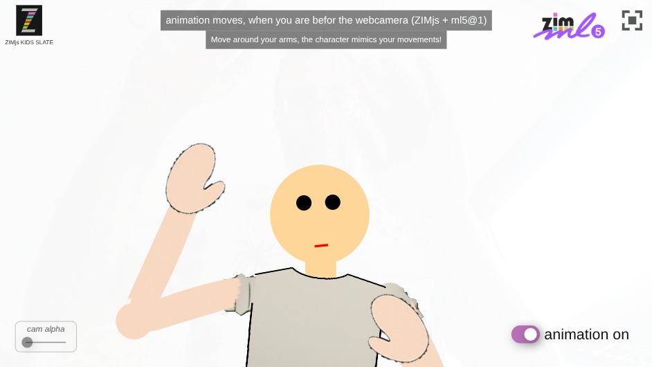 Zapp: stickman arms+hand(thumb+4): move before cam (+lerp) ENG | ZIM JavaScript Canvas Framework - Code Creativity